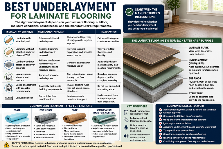 Laminate flooring underlayment comparison showing attached-pad laminate, wood and concrete subfloors, and foam, felt, cork, and combination underlayment options.