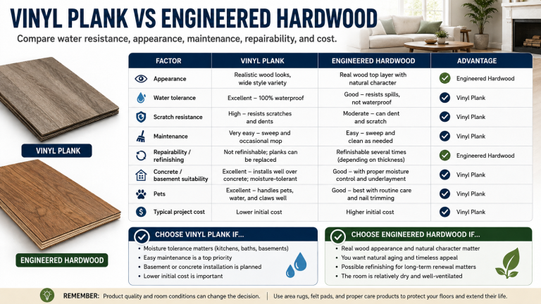 Comparison of vinyl plank and engineered hardwood flooring based on water tolerance, maintenance, repairability, pets, concrete suitability, and cost.