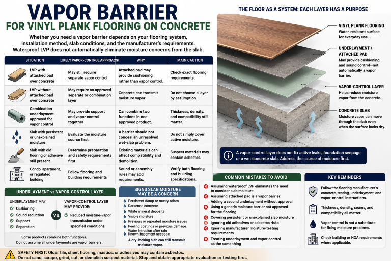 Vinyl plank flooring over a concrete slab showing attached pad, underlayment, vapor-control layer, slab moisture, and common vapor-barrier considerations.