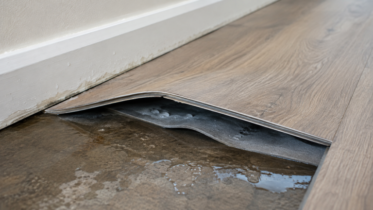 Lifted vinyl plank flooring revealing trapped water and a wet subfloor beneath the floor.