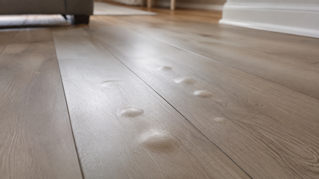 Laminate flooring with several raised bubbles and swollen spots across the plank surface.