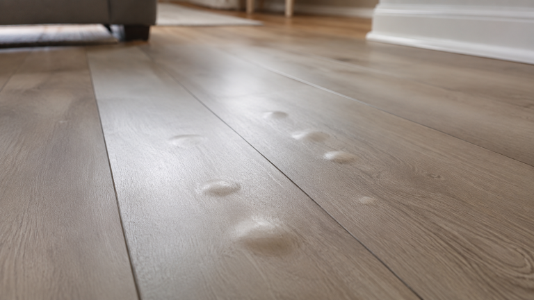 Laminate flooring with several raised bubbles and swollen spots across the plank surface.