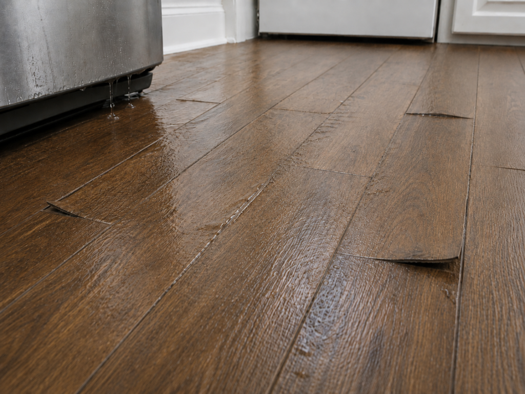 Water-damaged laminate flooring with swollen seams, raised plank edges, and visible leaking water near a kitchen appliance.
