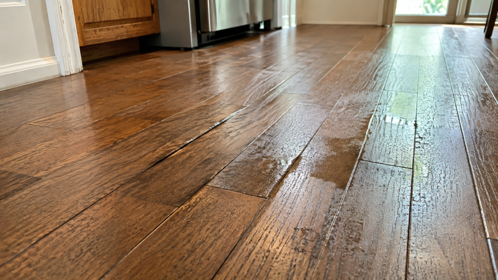 Water-damaged hardwood flooring with realistic moisture, slight board lifting, and visible wet areas near a kitchen appliance.