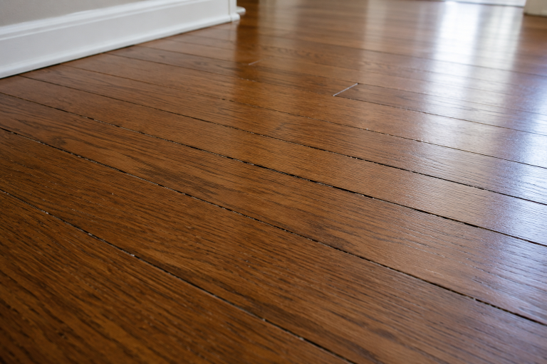 Hardwood flooring with narrow seasonal gaps between otherwise even, intact wood planks.