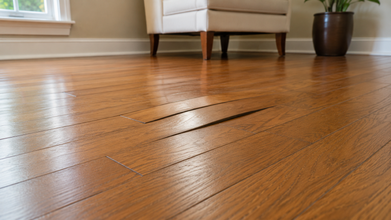 Buckled hardwood flooring with uniformly sized planks laid in a staggered pattern and several boards lifting away from the subfloor.