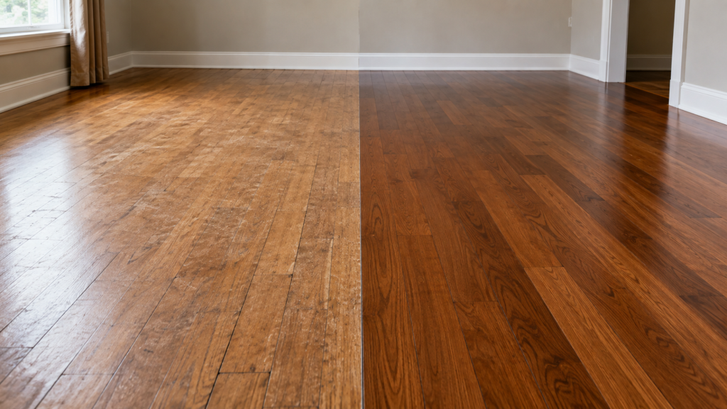 Side-by-side hardwood flooring showing a worn floor on one side and a smooth refinished floor on the other.