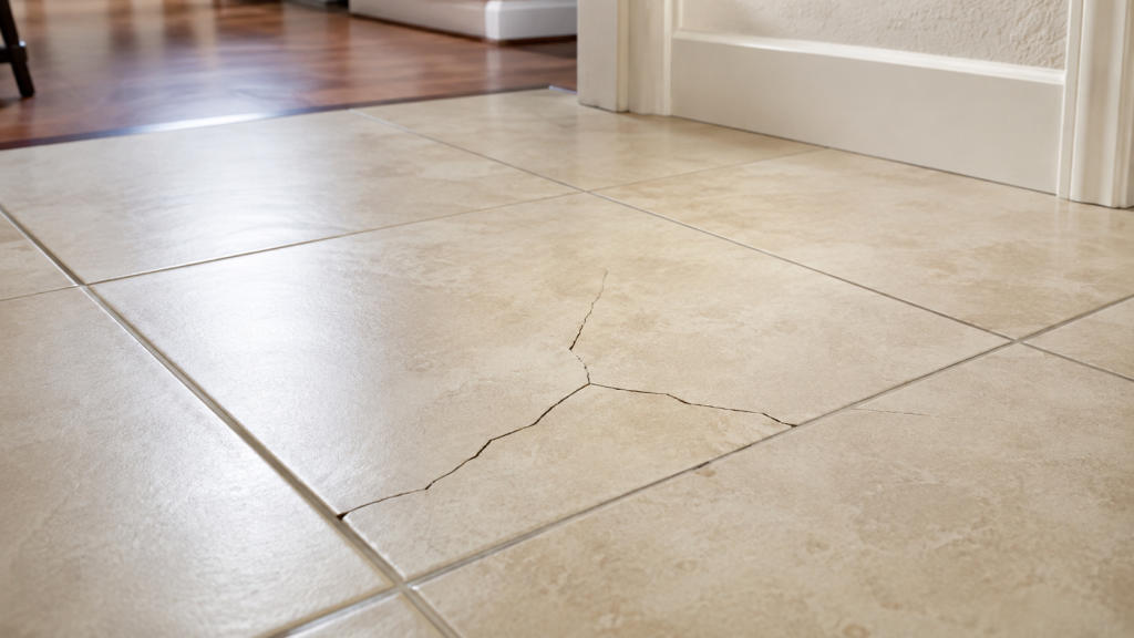 Cracked ceramic floor tile with a visible fracture crossing the tile near a doorway.