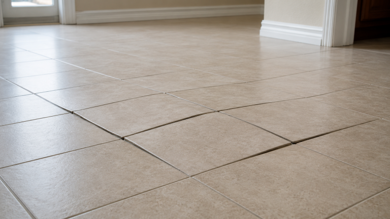Floor tile lifting with several ceramic tiles raised slightly above the surrounding floor.