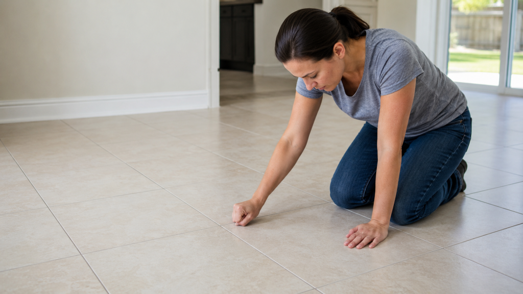 Homeowner kneeling on a smooth tile floor and tapping a ceramic tile with her knuckles to check for a hollow sound.