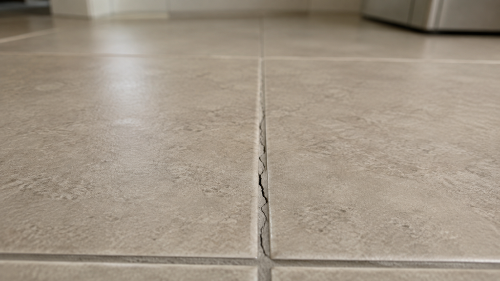Cracked grout joint between otherwise intact ceramic floor tiles.