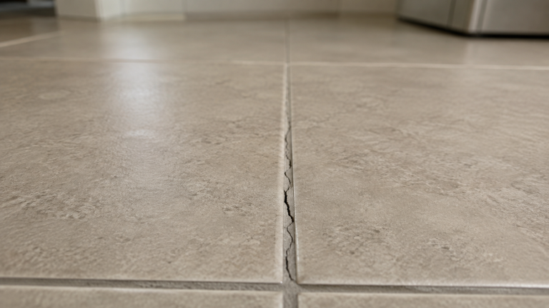 Cracked grout joint between otherwise intact ceramic floor tiles.