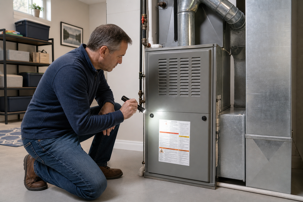 Homeowner checking the exterior label on an older residential furnace to determine its age and expected lifespan