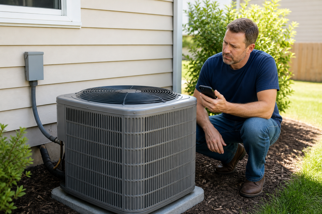 Homeowner inspecting an outdoor central air conditioner condenser that is not turning on