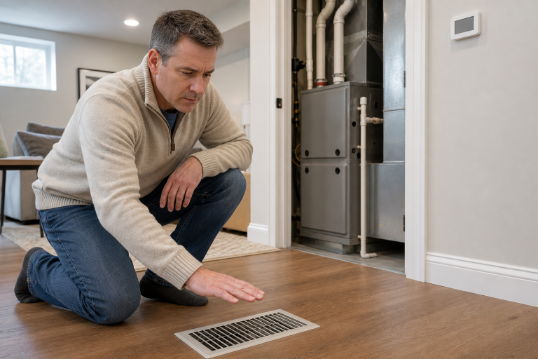 Homeowner checking cool airflow from a floor register with a residential furnace in the background