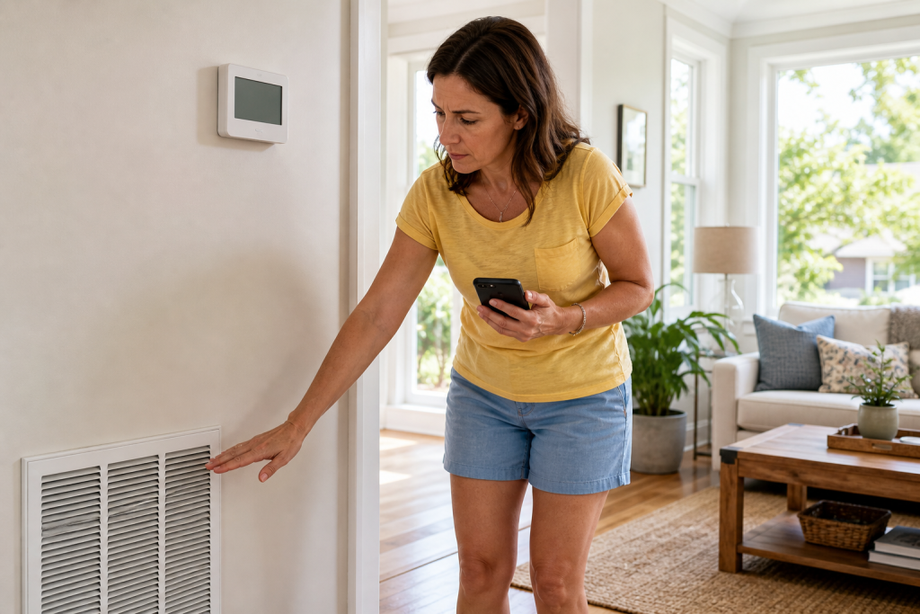AC running but not cooling? Check the thermostat, filter, airflow, outdoor unit, and visible ice before deciding whether the problem requires an HVAC technician.