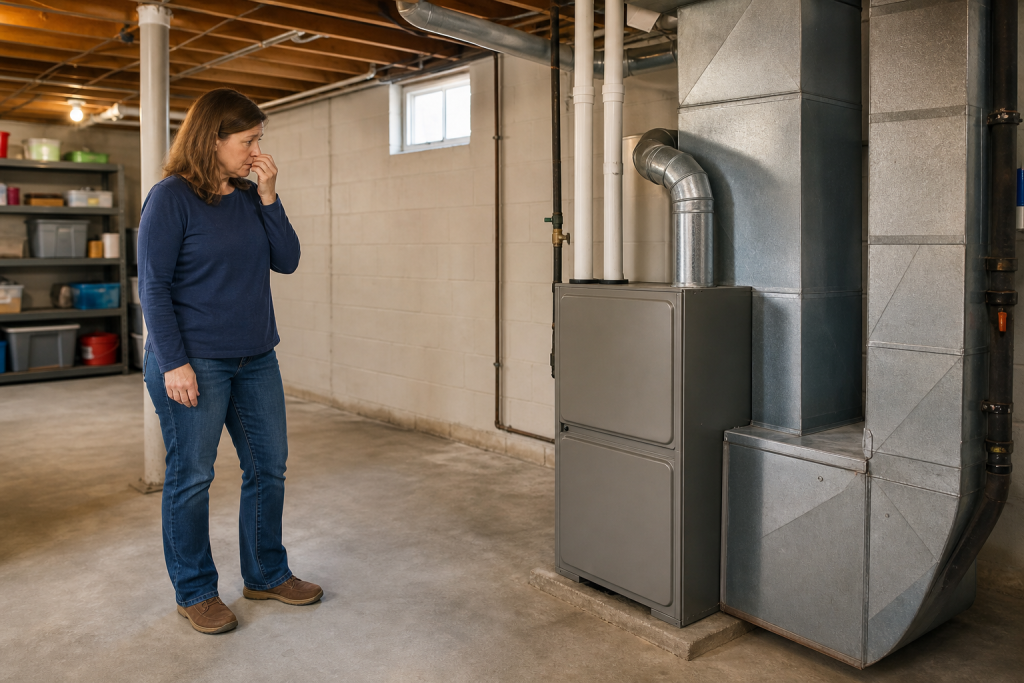 Homeowner noticing a burning smell from a furnace in her basement