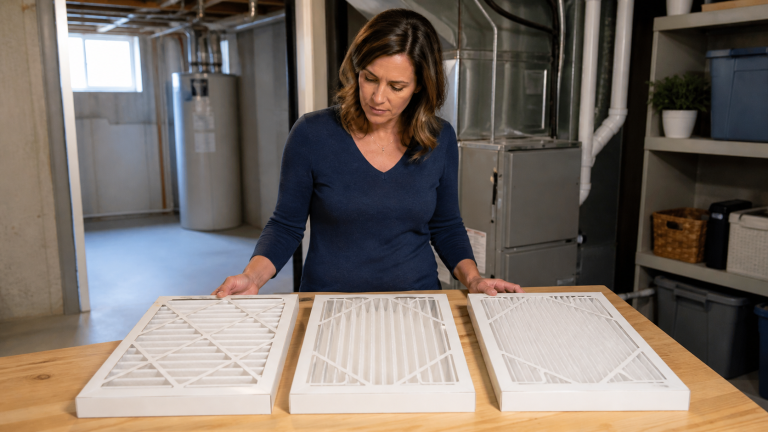 Homeowner comparing three pleated furnace filters for MERV 8, MERV 11, and MERV 13 filtration