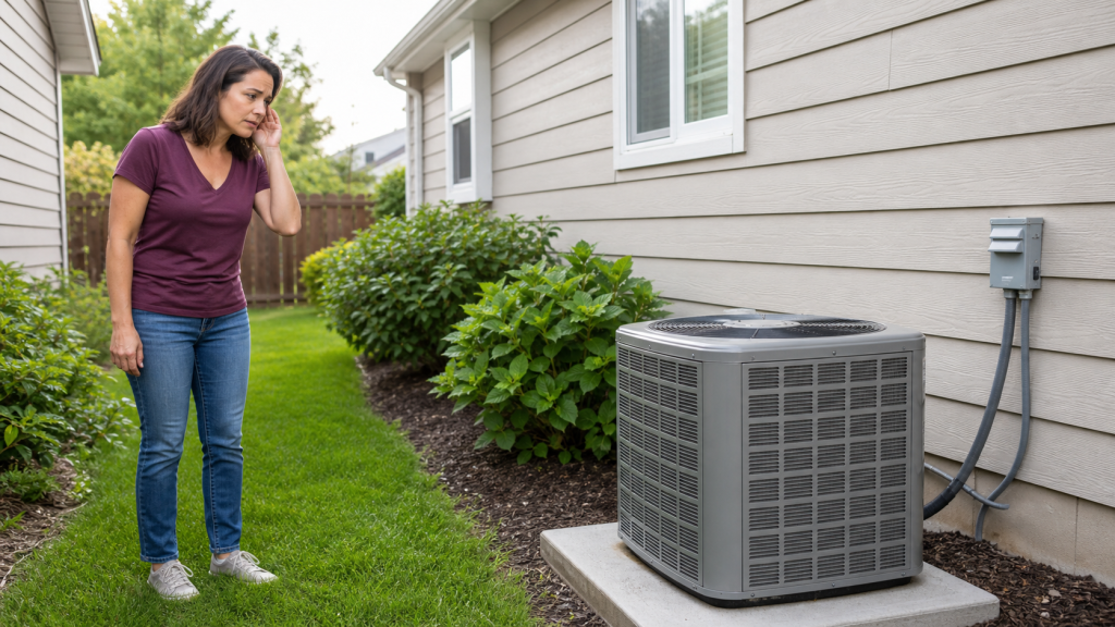 Homeowner listening from a safe distance to an outdoor AC unit making a grinding noise