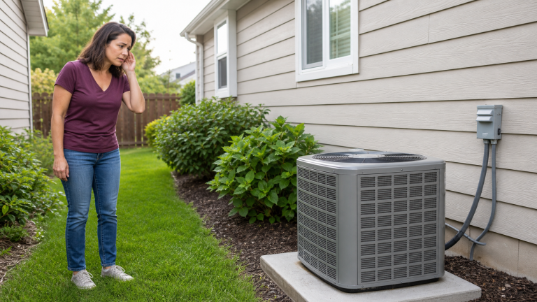 Homeowner listening from a safe distance to an outdoor AC unit making a grinding noise