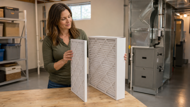 Homeowner comparing a thin 1-inch air filter with a deep 4-inch air filter beside a closed furnace