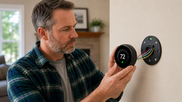 Homeowner installing a round smart thermostat with five color-coded wires connected through the matching wall-mounted base plate.