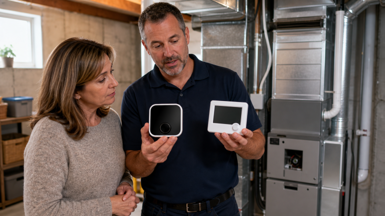 HVAC technician showing a homeowner a communicating thermostat and smart thermostat for comparison