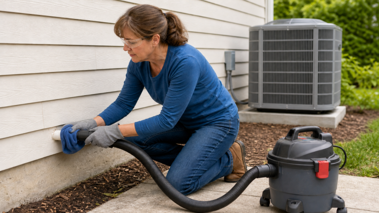 Homeowner using a wet/dry vacuum to clean an exterior AC condensate drain line