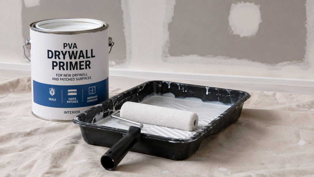 Paint roller resting naturally in a tray of primer beside a can of drywall primer and a patched drywall wall.