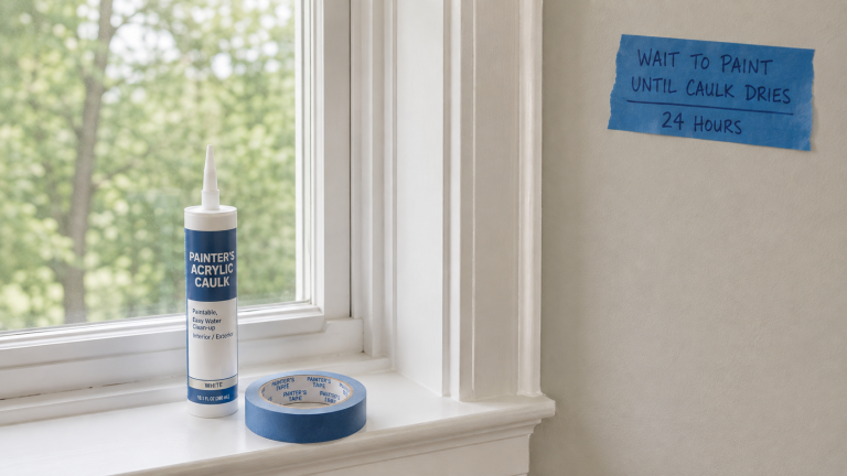 Paintable acrylic caulk drying along a finished window trim joint before painting.