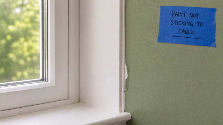 Green wall paint failing to adhere along a smooth caulk joint between the wall and white window trim.
