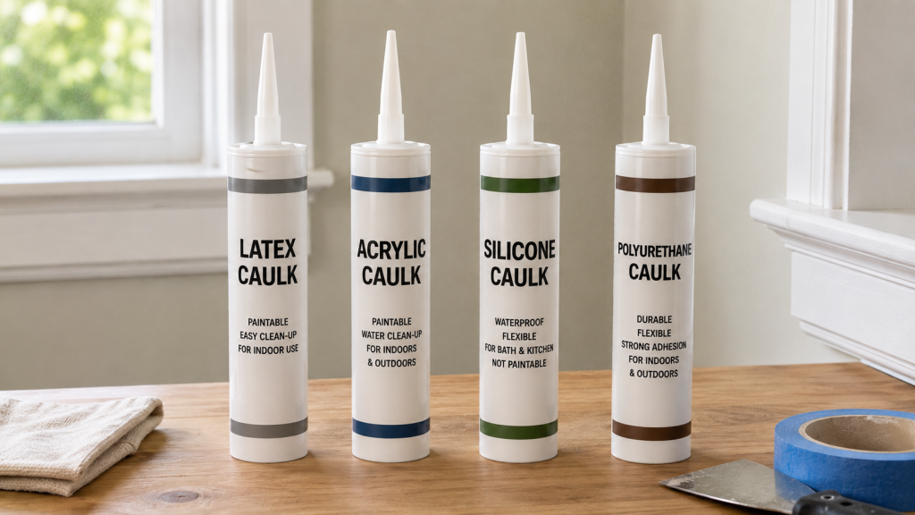 Four types of caulk displayed side by side on a work table: latex, acrylic, silicone, and polyurethane.