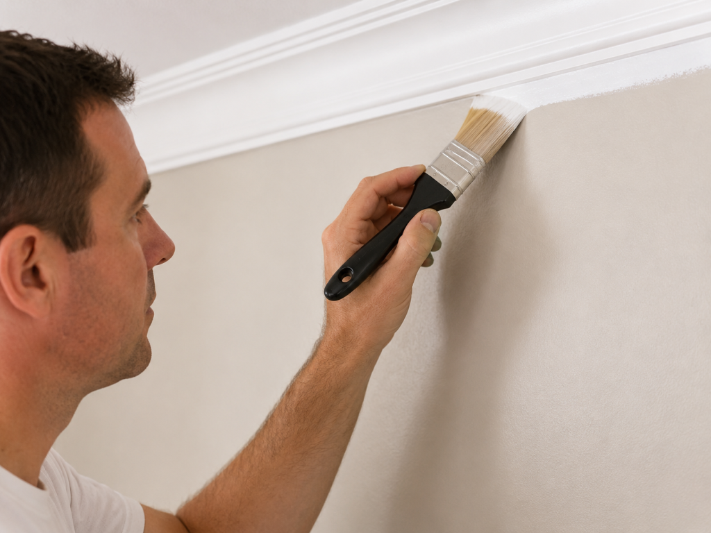 Homeowner using a 2.5-inch angled paint brush to cut in wall paint neatly along white crown molding.