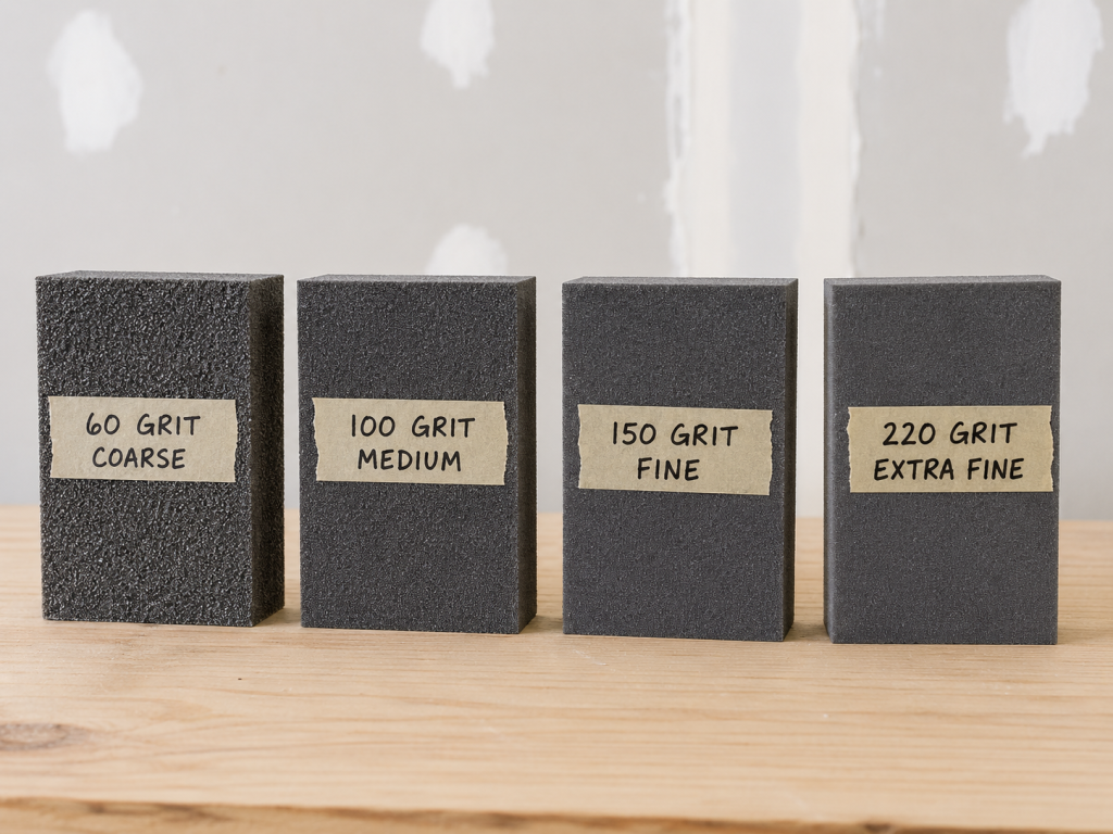 Four sanding sponges labeled 60 grit coarse, 100 grit medium, 150 grit fine, and 220 grit extra fine for drywall patch sanding.