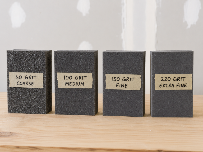Four sanding sponges labeled 60 grit coarse, 100 grit medium, 150 grit fine, and 220 grit extra fine for drywall patch sanding.
