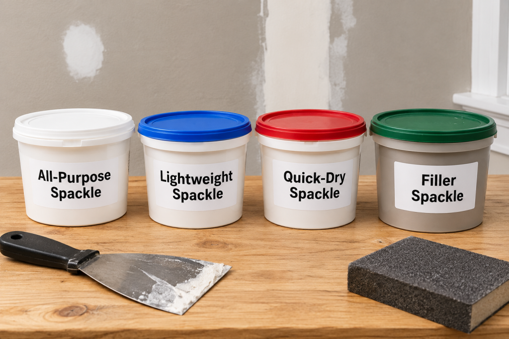 Four types of spackle displayed side by side on a workbench: lightweight, all-purpose, vinyl, and quick-setting spackle.