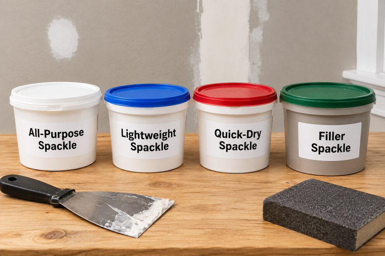 Four types of spackle displayed side by side on a workbench: lightweight, all-purpose, vinyl, and quick-setting spackle.
