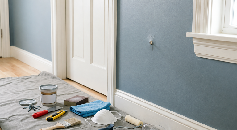 Drywall nail pop protruding through a painted wall above repair tools on a drop cloth.