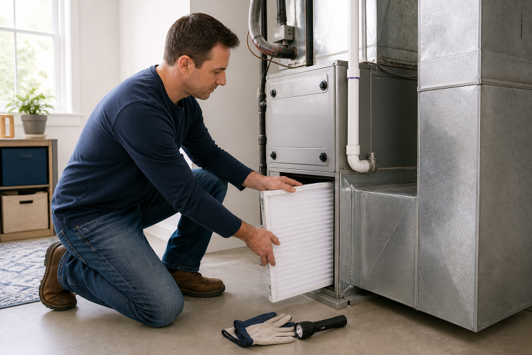 Homeowner replacing an HVAC air filter as part of preventive HVAC maintenance