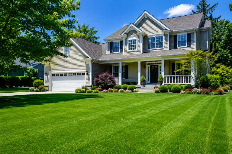 Well-maintained suburban home with a lush green lawn in spring.