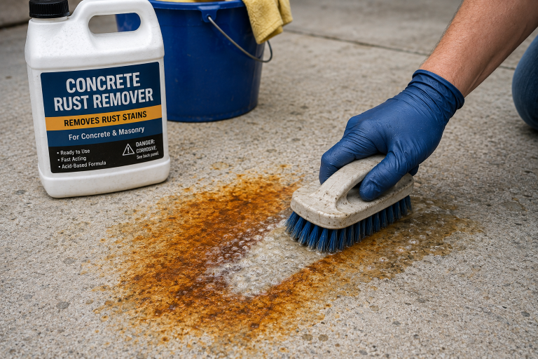 Homeowner scrubbing an orange-brown rust stain on concrete with a stiff brush and concrete rust remover.