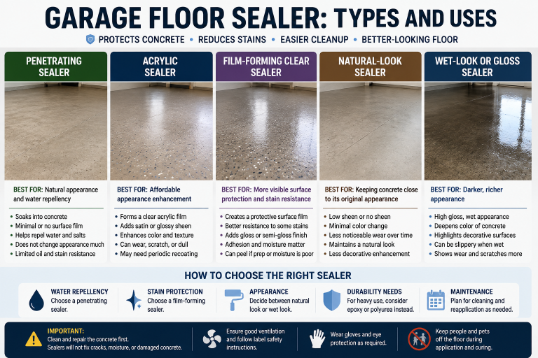 Comparison of penetrating, acrylic, film-forming, natural-look, and gloss garage floor sealers.