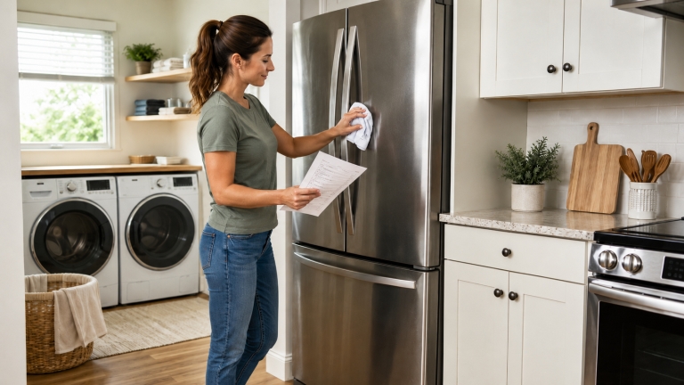 Homeowner cleaning a refrigerator while using an appliance maintenance checklist in a kitchen with washer, dryer, dishwasher, and oven.