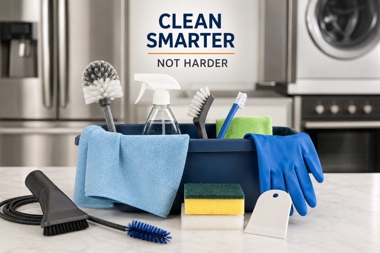 Appliance cleaning tools arranged in a caddy with microfiber cloths, brushes, gloves, sponges, and a spray bottle in front of household appliances.