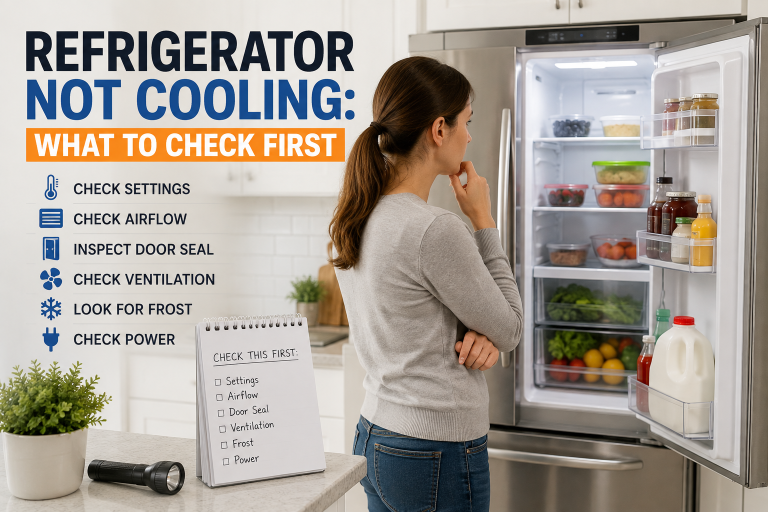 Homeowner checking an open refrigerator with a troubleshooting checklist for settings, airflow, door seal, ventilation, frost, and power.
