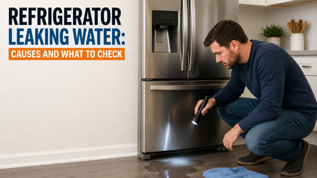 Homeowner inspecting water leaking from beneath a refrigerator in a kitchen.