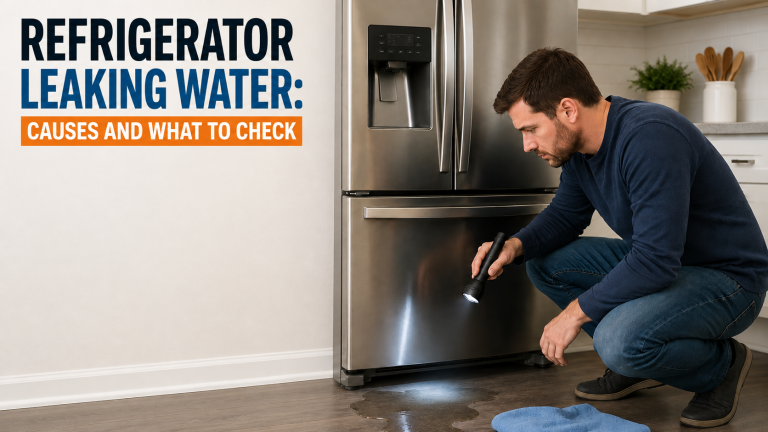 Homeowner inspecting water leaking from beneath a refrigerator in a kitchen.