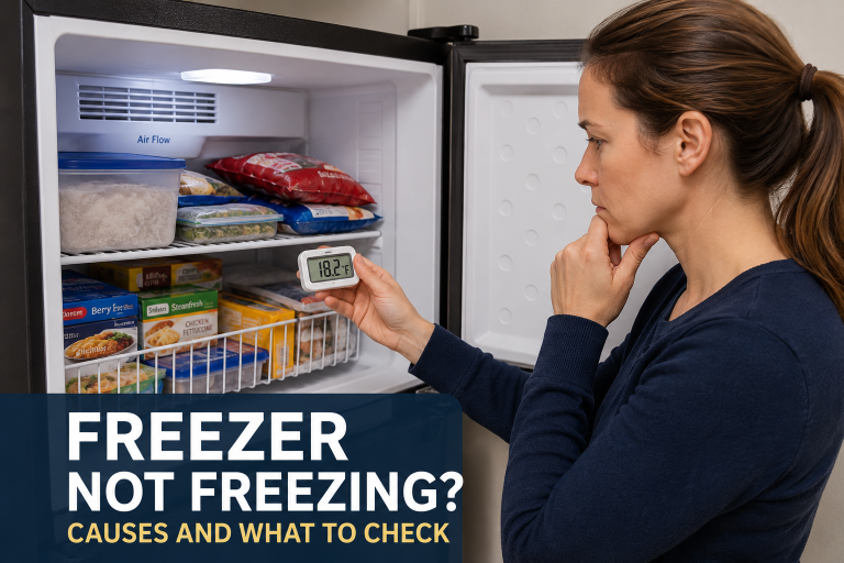 Homeowner checking a freezer temperature with a digital thermometer after noticing the freezer is not freezing properly.