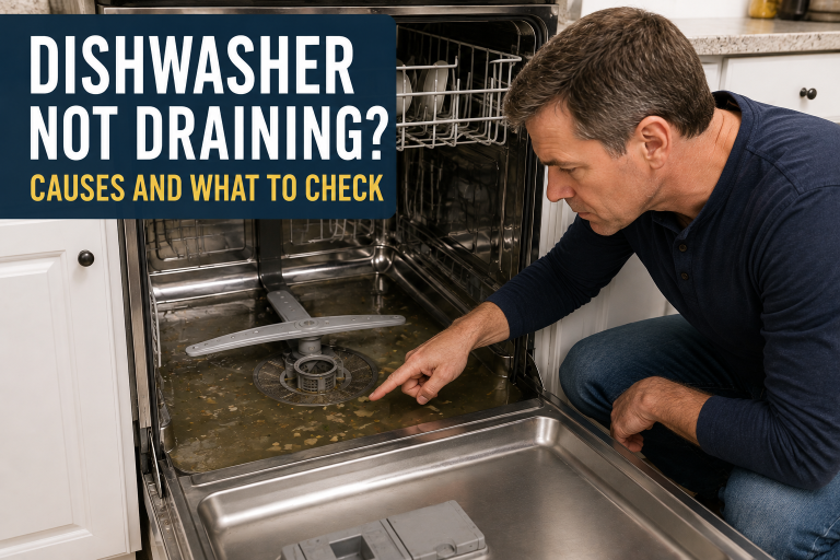 Homeowner inspecting standing water and debris around the drain area of an open dishwasher that is not draining properly.