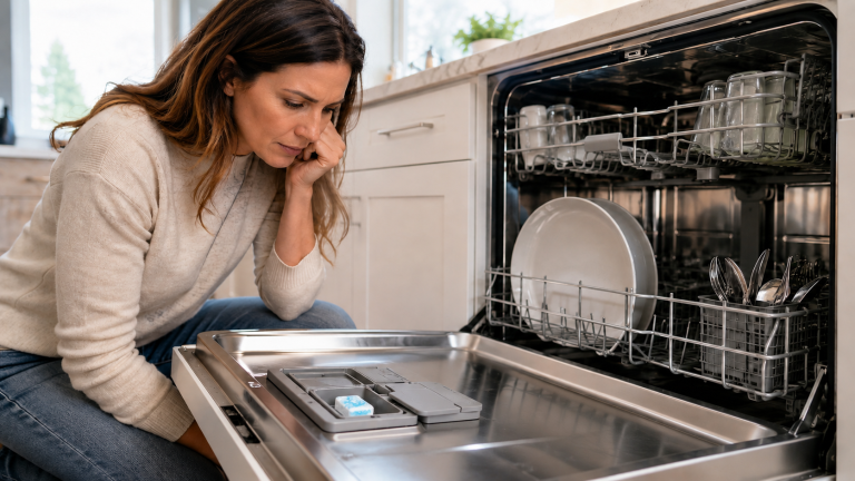 Homeowner inspecting a dishwasher detergent dispenser on the inside of the open door after the soap dispenser failed to open.